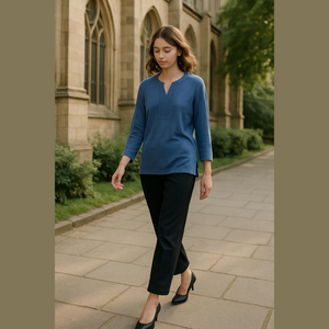 NEW Chico’s Blue Women's Top pullover v neck smocked notch 3/4 sleeve tee nwt